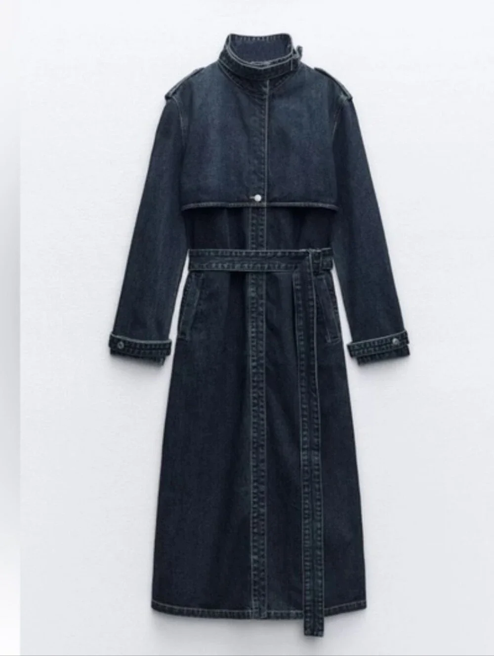 ZARA DENIM TRENCH COAT BELTED NAVY BLUE SIZE M
